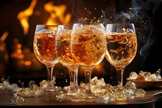 Several long-stemmed glasses filled with amber-colored beverages are placed on a wooden table with a blurry bonfire in the background. It represents a scene from a warm and joyful family party.