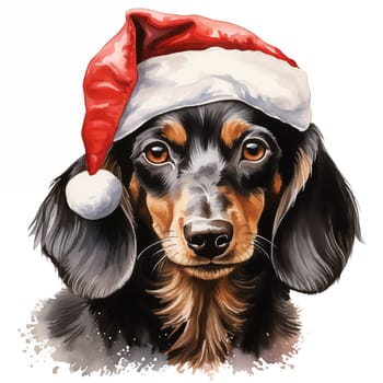 Watercolor painting of an adorable Dachshund breed dog wearing a red Santa Claus hat on a white background. Perfect for making Christmas cards for dog lovers. Christmas illustration.