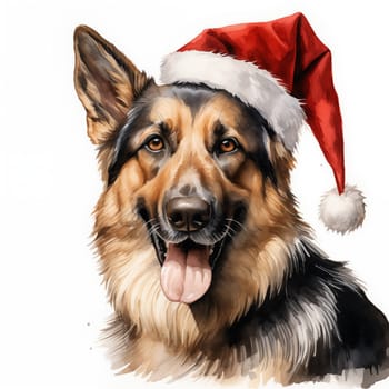 Watercolor painting of an adorable German Shepherd breed dog wearing a red Santa Claus hat on a white background. Perfect for making Christmas cards for dog lovers. Christmas illustration.