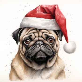 Watercolor painting of an adorable Pug breed dog wearing a red Santa Claus hat on a white background. Perfect for making Christmas cards for dog lovers. Christmas illustration.