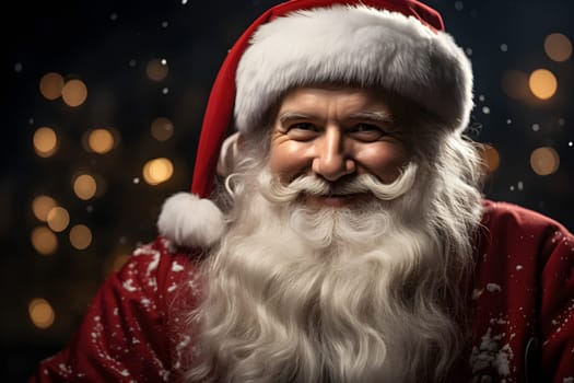 Santa Claus has a fluffy white beard and a clean, smiling face. Revealing itself from the shadows of Christmas night His smile was filled with embarrassment at being caught secretly bringing a gift.