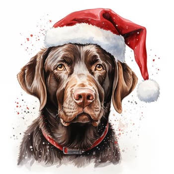 Watercolor painting of an adorable Labrador Retriever breed dog wearing a red Santa Claus hat on a white background. Perfect for making Christmas cards for dog lovers. Christmas illustration.