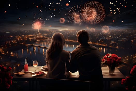 A couple sitting together watching fireworks fill the dark night sky before entering the new year. There were bottles and wine glasses and a vase of red roses on the table. Very romantic atmosphere.