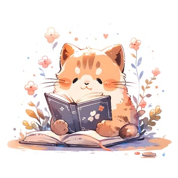 Vector illustration of a cute orange cat smiling and reading his favorite book on the ground, surrounded by leaves and flowers. white background Can be used in campaigns to promote reading.