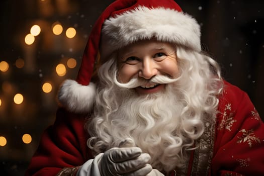Santa Claus has a fluffy white beard and a clean, smiling face. Revealing itself from the shadows of Christmas night His smile was filled with embarrassment at being caught secretly bringing a gift.