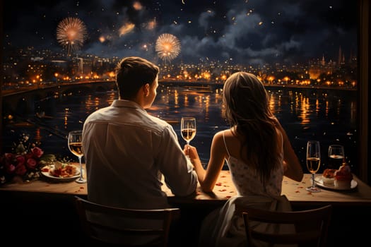 A couple sitting together watching fireworks fill the dark night sky before entering the new year. There were bottles and wine glasses and a vase of red roses on the table. Very romantic atmosphere.