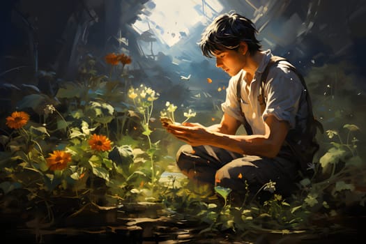 A watercolor painting of a handsome farmer boy. Sitting and taking care of the tree. The sun shone down beautifully. The flowers blossomed beautifully in return. Gives a feeling of peace with nature.
