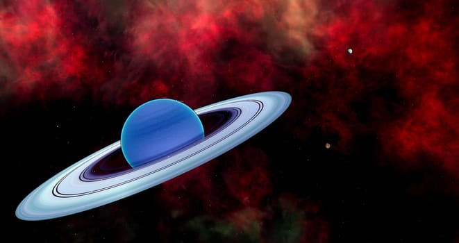 This blue warm neptune planet with a ring and moon system is an exoplanet outside our solar system.