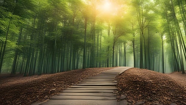 The nice view of green bamboo with road to the end
