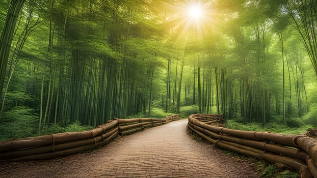 The nice view of green bamboo with road to the end