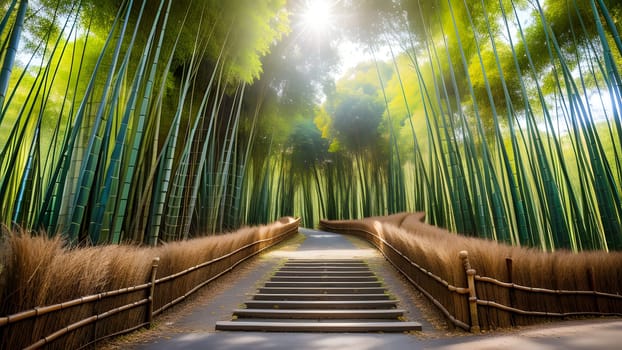 The nice view of green bamboo with road to the end