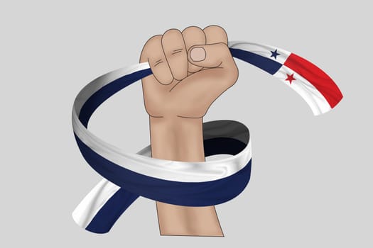3D illustration. Hand holding flag of Panama on a fabric ribbon background.