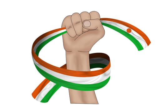 3D illustration. Hand holding flag of Niger on a fabric ribbon background.