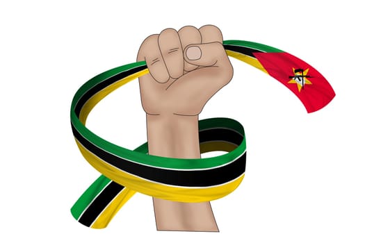 3D illustration. Hand holding flag of Mozambique on a fabric ribbon background.