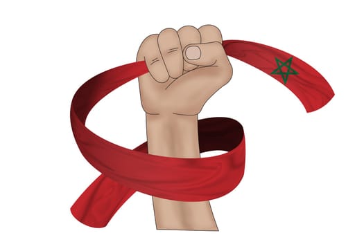 3D illustration. Hand holding flag of Morocco on a fabric ribbon background.