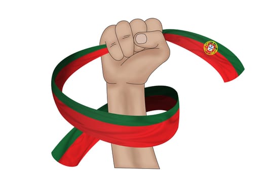 3D illustration. Hand holding flag of Portugal on a fabric ribbon background.