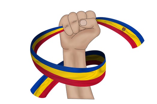 3D illustration. Hand holding flag of Moldova on a fabric ribbon background.