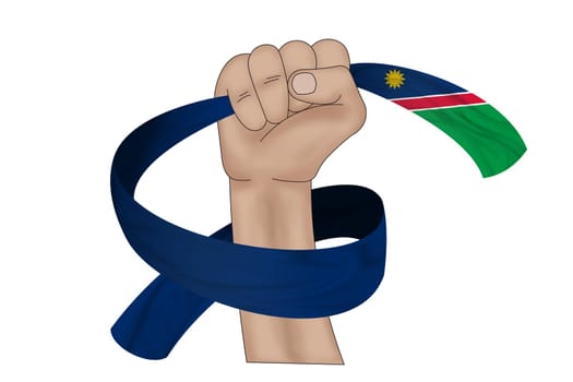 3D illustration. Hand holding flag of Namibia on a fabric ribbon background.