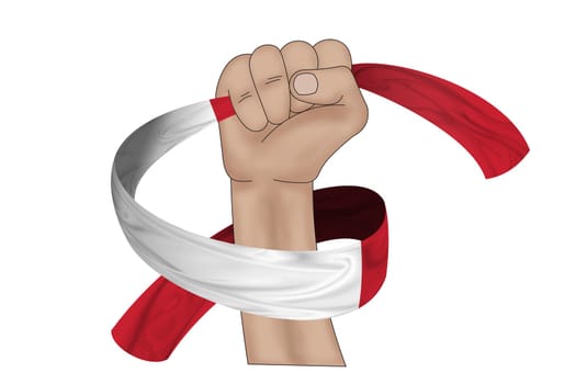 3D illustration. Hand holding flag of Peru on a fabric ribbon background.