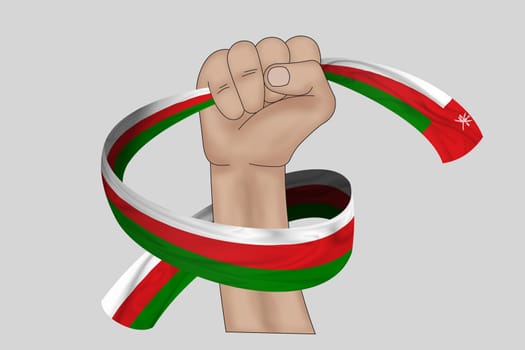 3D illustration. Hand holding flag of Oman on a fabric ribbon background.