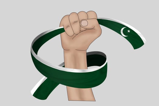 3D illustration. Hand holding flag of Pakistan on a fabric ribbon background.