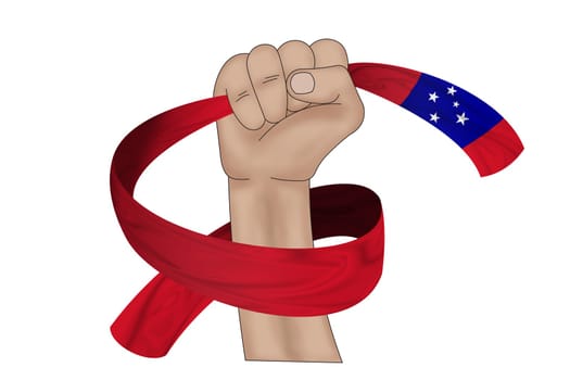 3D illustration. Hand holding flag of Samoa on a fabric ribbon background.