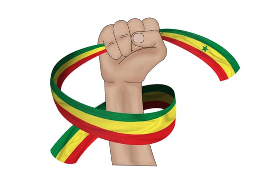 3D illustration. Hand holding flag of Senegal on a fabric ribbon background.
