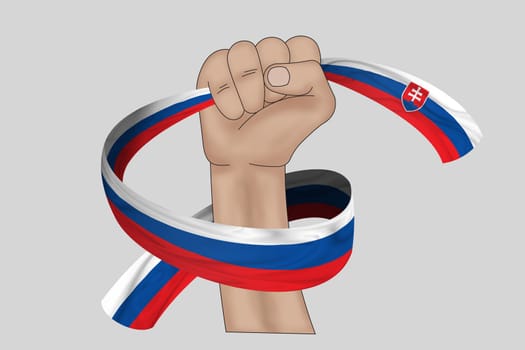 3D illustration. Hand holding flag of Slovakia on a fabric ribbon background.