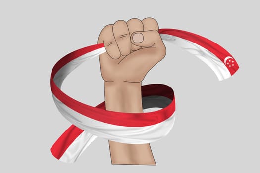 3D illustration. Hand holding flag of Singapore on a fabric ribbon background.