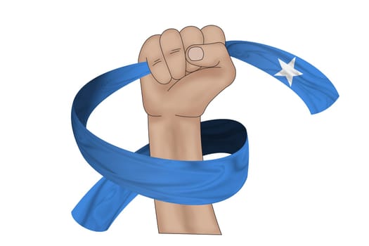 3D illustration. Hand holding flag of Somalia on a fabric ribbon background.