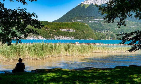 Annecy lake with the Alps mountains on background