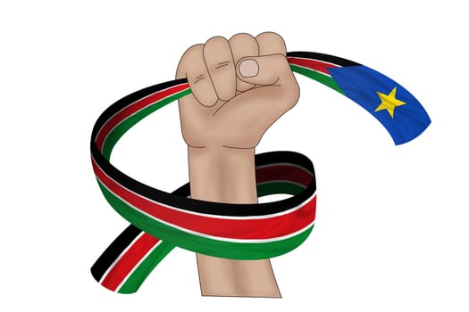 3D illustration. Hand holding flag of South Sudan on a fabric ribbon background.