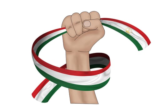 3D illustration. Hand holding flag of Tajikistan on a fabric ribbon background.