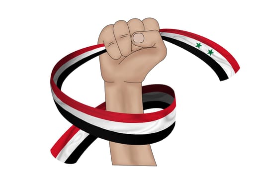 3D illustration. Hand holding flag of Syria on a fabric ribbon background.