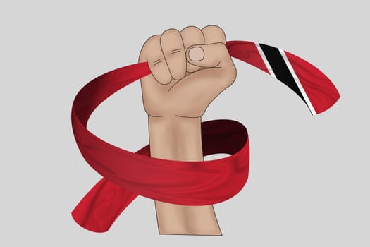 3D illustration. Hand holding flag of Trinidad and Tobago on a fabric ribbon background.