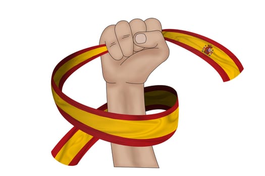 3D illustration. Hand holding flag of Spain on a fabric ribbon background.