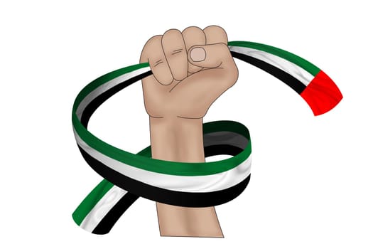 3D illustration. Hand holding flag of United Arab Emirates on a fabric ribbon background.