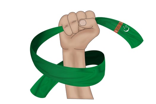3D illustration. Hand holding flag of Turkmenistan on a fabric ribbon background.