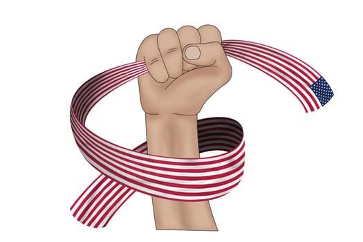 3D illustration. Hand holding flag of United States of America on a fabric ribbon background.
