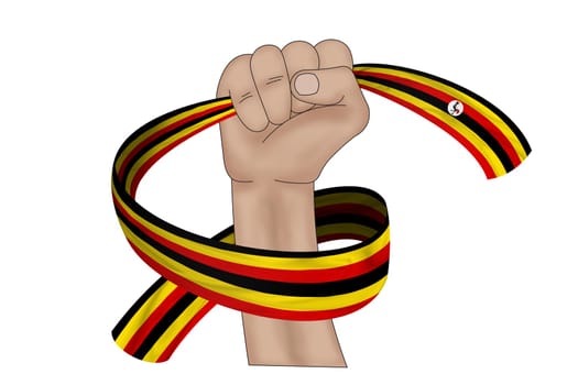 3D illustration. Hand holding flag of Uganda on a fabric ribbon background.