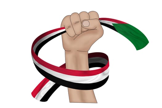 3D illustration. Hand holding flag of Sudan on a fabric ribbon background.