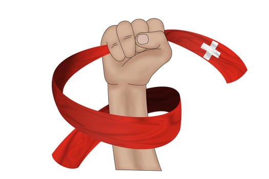 3D illustration. Hand holding flag of Switzerland on a fabric ribbon background.