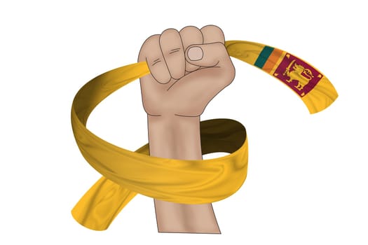 3D illustration. Hand holding flag of Sri Lanka on a fabric ribbon background.
