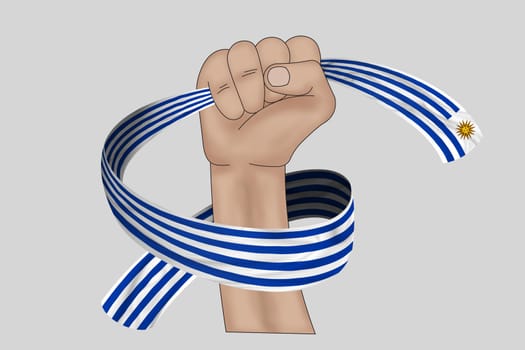 3D illustration. Hand holding flag of Uruguay on a fabric ribbon background.