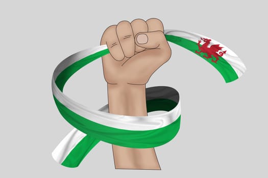 3D illustration. Hand holding flag of Wales on a fabric ribbon background.