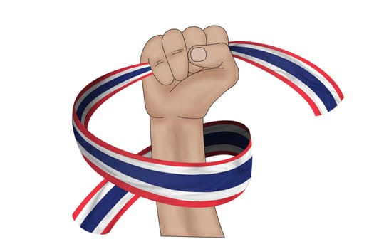 3D illustration. Hand holding flag of Thailand on a fabric ribbon background.