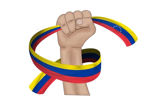 3D illustration. Hand holding flag of Venezuela on a fabric ribbon background.