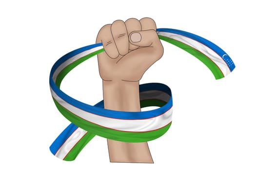 3D illustration. Hand holding flag of Uzbekistan on a fabric ribbon background.