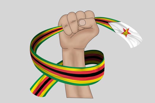 3D illustration. Hand holding flag of Zimbabwe on a fabric ribbon background.