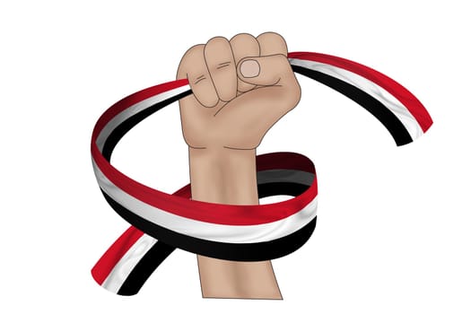 3D illustration. Hand holding flag of Yemen on a fabric ribbon background.